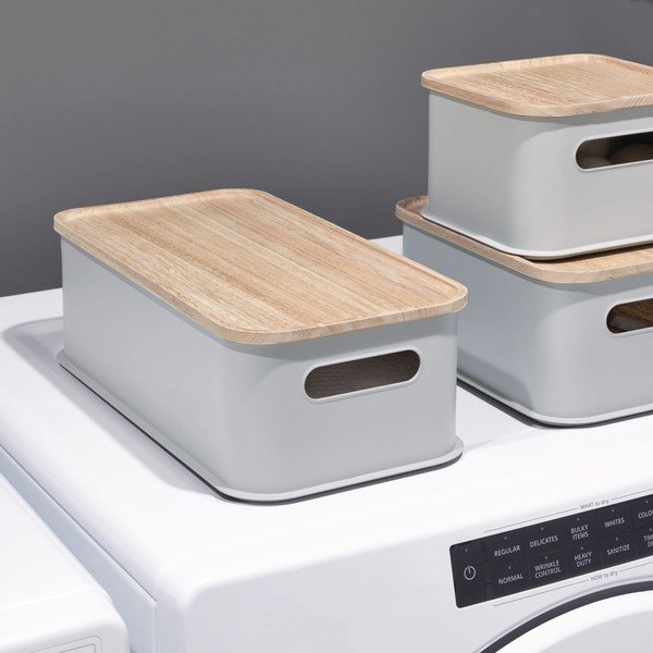 Сива кутия за съхранение с дръжки и капак, изработена от дърво от пауловния, 21,3 x 43 cm Eco - iDesign-image-1