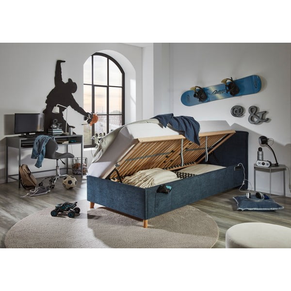 Тъмносиньо тапицирано детско легло 90x200 cm с място за съхранение с включена подматрачна рамка Fun – Meise Möbel-image-4