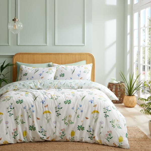 Зелено и бяло памучно спално бельо за единично легло 135x200 cm Cottage Garden - RHS