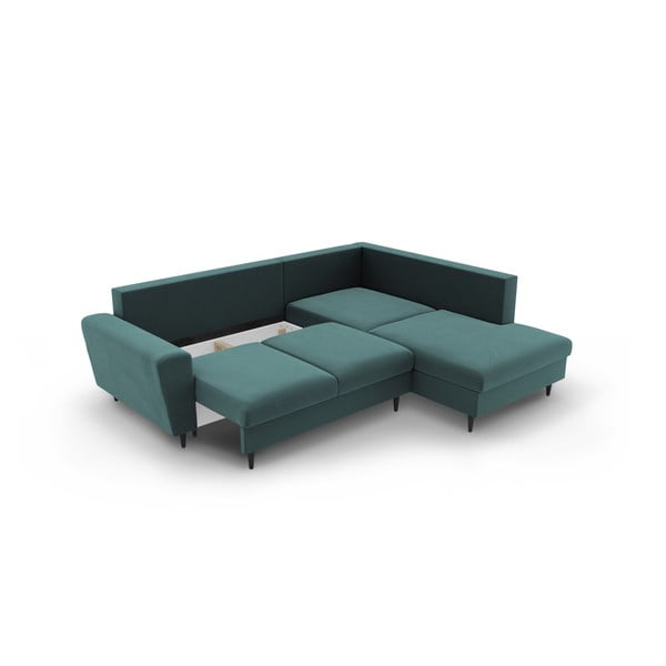 Кадифен разтегателен ъглов диван с място за съхранение в петролен цвят (десен ъгъл/L форма) Kyoto – Cosmopolitan Design-image-3