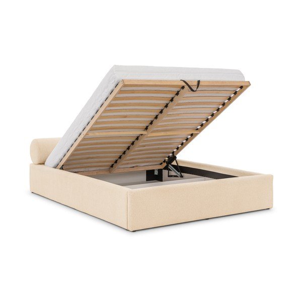 Кремаво двойно легло 200x200 cm тапицирано с място за съхранение с включена подматрачна рамка Cille – Ropez-image-2