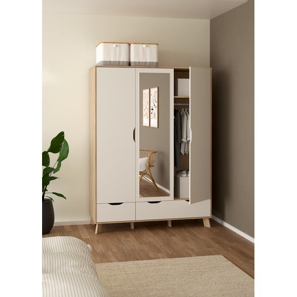 Гардероб от дъбов декор  с огледало в бял и естествен цвят 147x201x58 cm Ikast – Tvilum-image-2