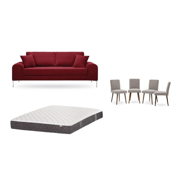 Комплект от триместен червен диван, 4 сиво-бежови стола и матрак 160 x 200 cm - Home Essentials