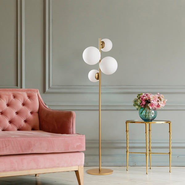 Бяла/в месингов цвят подова лампа със стъклен абажур (височина 162 cm) Fazli – Opviq lights-image-3