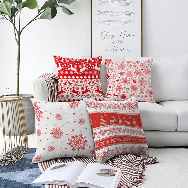 Комплект от 4 коледни калъфки за възглавници от шенил Червени снежинки, 55 x 55 cm - Minimalist Cushion Covers
