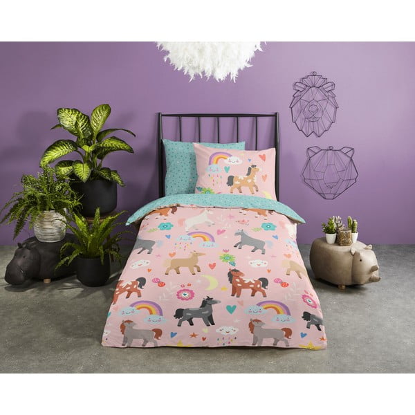 Розово-тюркоазено единично удължено памучно детско спално бельо 140x220 cm Horses – Good Morning-image-1