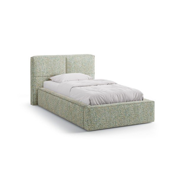 Зелено единично легло 90x200 cm тапицирано с място за съхранение с включена подматрачна рамка Darren – Micadoni 