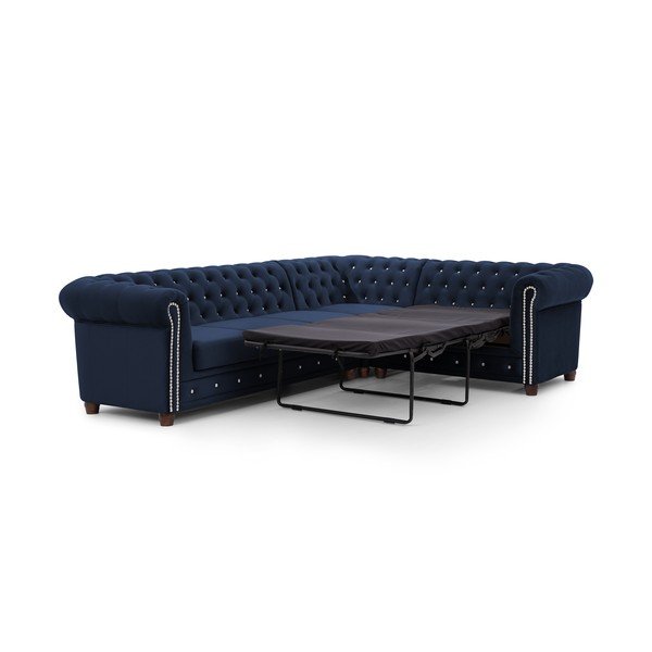 Син кадифен сгъваем ъглов диван (десен ъгъл/L форма) York Blik – Ropez-image-2