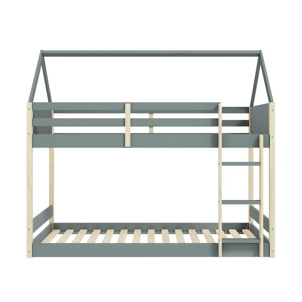 Къща/двуетажно детско легло 90x190 cm с включена подматрачна рамка в естествен цвят/сиво-зелено Valka – Marckeric-image-1