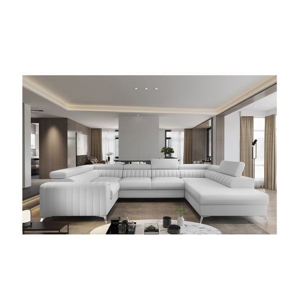 Бял разтегателен ъглов диван с място за съхранение от изкуствена кожа (десен ъгъл U форма) Louis – ELTAP-image-1