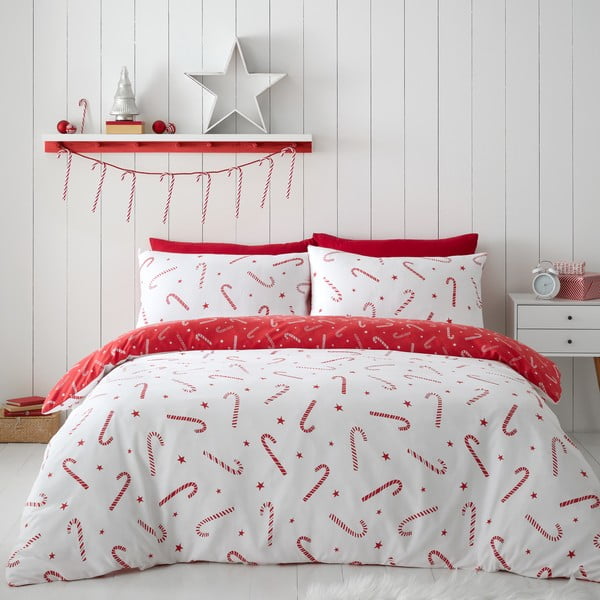 Червено-бяло удължено спално бельо за двойно легло 200x200 cm Candy Cane - Catherine Lansfield