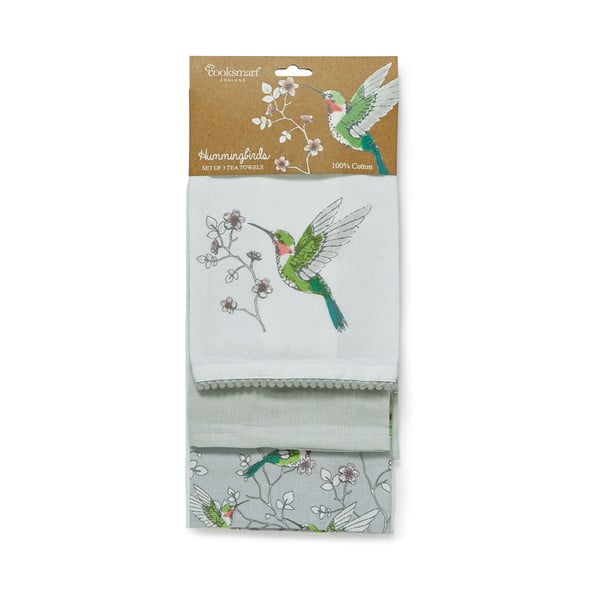 Комплект от 3 сиви памучни кухненски кърпи Hummingbirds - Cooksmart ®