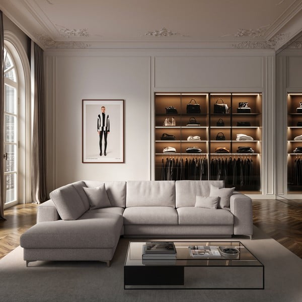 Светлосив разтегателен ъглов диван с място за съхранение от букле (ляв ъгъл/L форма) Rene – Rodier-image-1