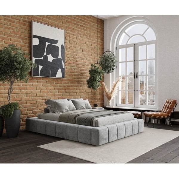 Светлосиво тапицирано двойно легло с място за съхранение с включена подматрачна рамка 200x200 cm Aruba L – Maison de Rêve-image-4