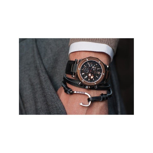 Мъжка черна гривна от естествена кожа със сребрист компонент с кука - Monomen-image-2