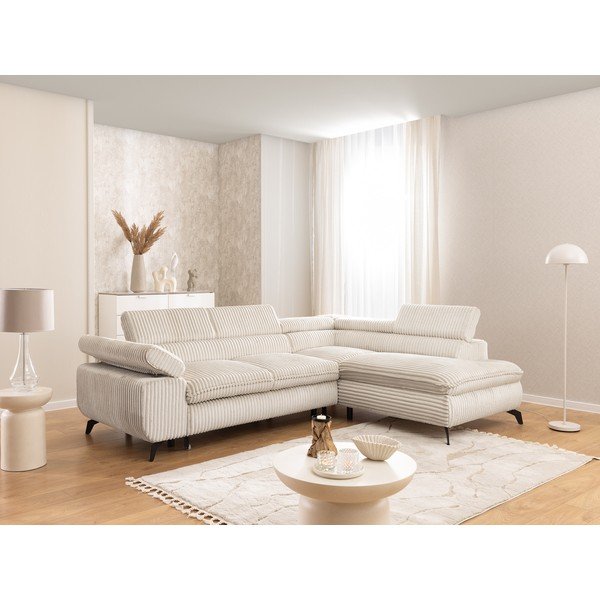 Кремав ъглов диван от рипсено кадифе (десен ъгъл/L форма) Marbeya  – Ropez-image-1