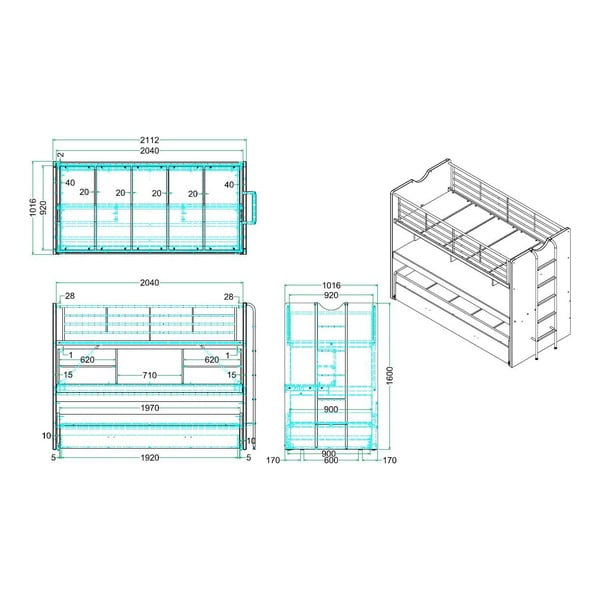 Бяло/синьо детско легло 90x200 cm двуетажно/разтегателно с място за съхранение с включена подматрачна рамка Bonny – Vipack-image-2