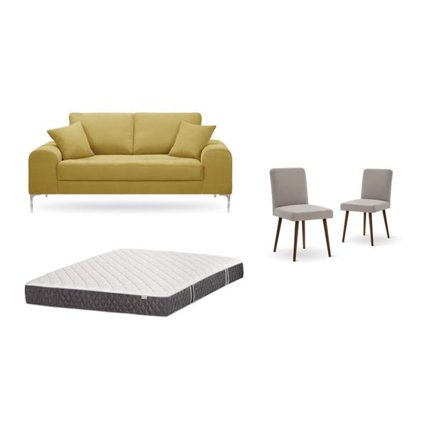 Комплект от двуместен жълт диван, 2 сиво-бежови стола и матрак 140 x 200 cm - Home Essentials