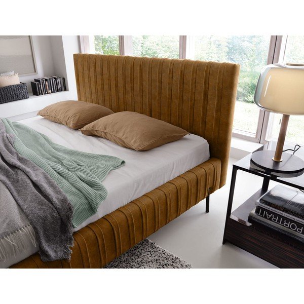 Двойно легло тапицирано с място за съхранение и включена подматрачна рамка в цвят жълта охра 140x200 cm Plissa – ELTAP-image-4