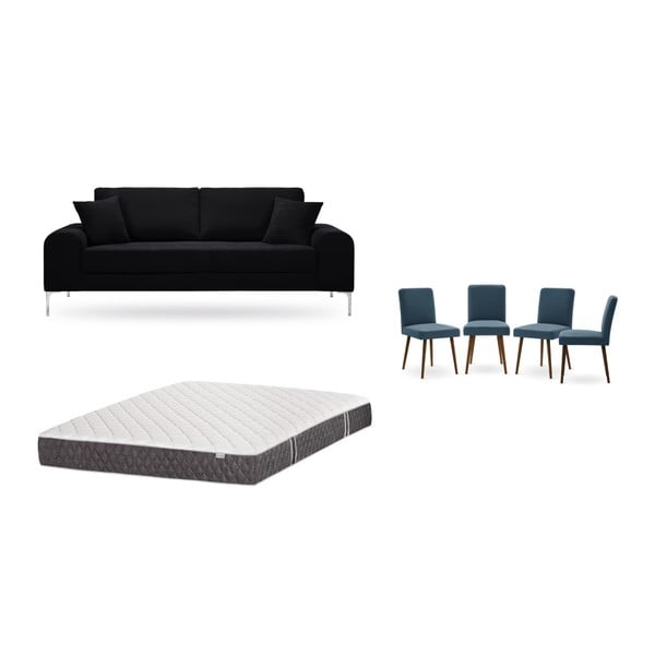 Комплект от триместен черен диван, 4 сини стола и матрак 160 x 200 cm - Home Essentials
