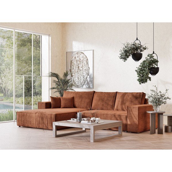 Шенилов сгъваем/с място за съхранение ъглов диван в меден цвят (ляв ъгъл) Maze – Maison de Rêve-image-1