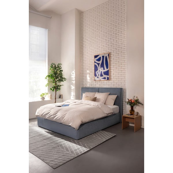 Синьо тапицирано двойно легло с място за съхранение и матрак с решетка 160x200 cm Thessa Bold - Bonami Selection-image-1