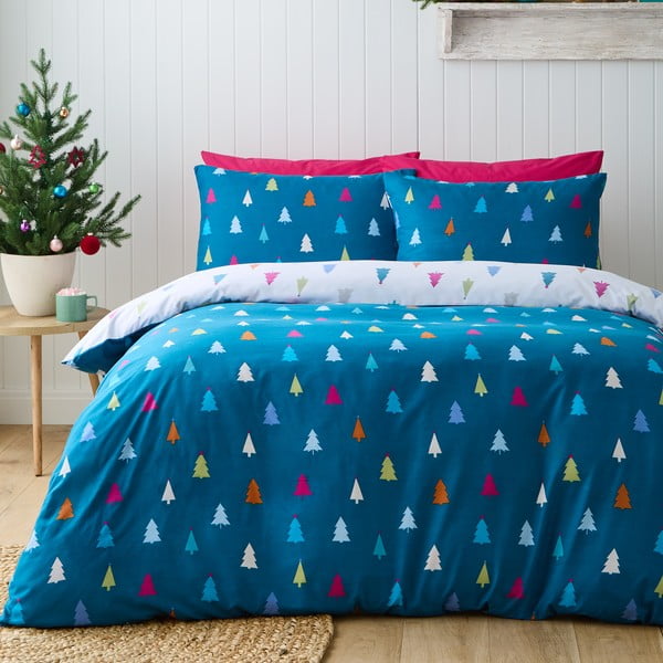 Бяло-синьо  единично  спално бельо от микрофибър 135x200 cm Christmas Tree – Catherine Lansfield-image-1