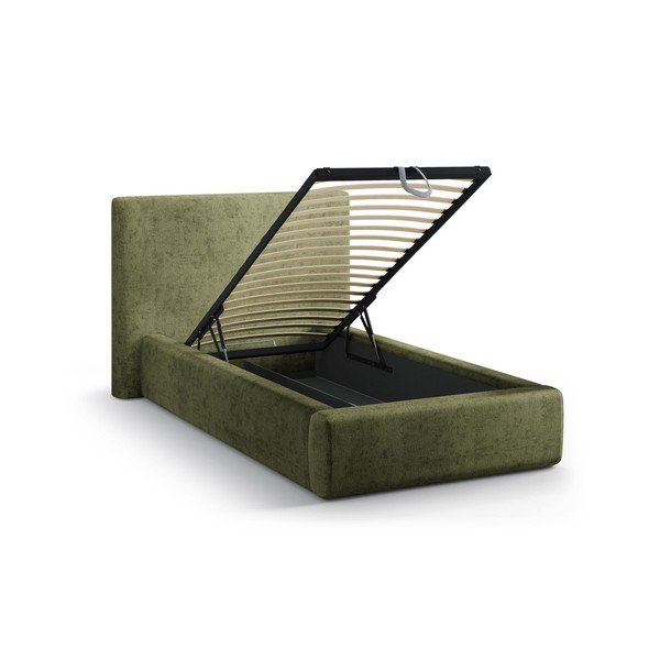 Зелено единично легло 90x200 cm тапицирано с място за съхранение с включена подматрачна рамка Amy – Micadoni -image-1