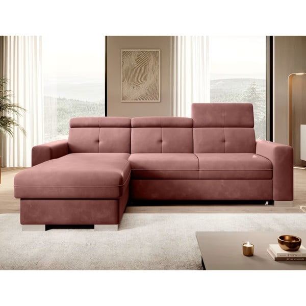 Розов кадифен разтегателен ъглов диван с място за съхранение (ляв ъгъл) Fresia – ELTAP-image-1