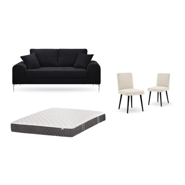 Комплект от двуместен черен диван, 2 кремави стола и матрак 140 x 200 cm - Home Essentials
