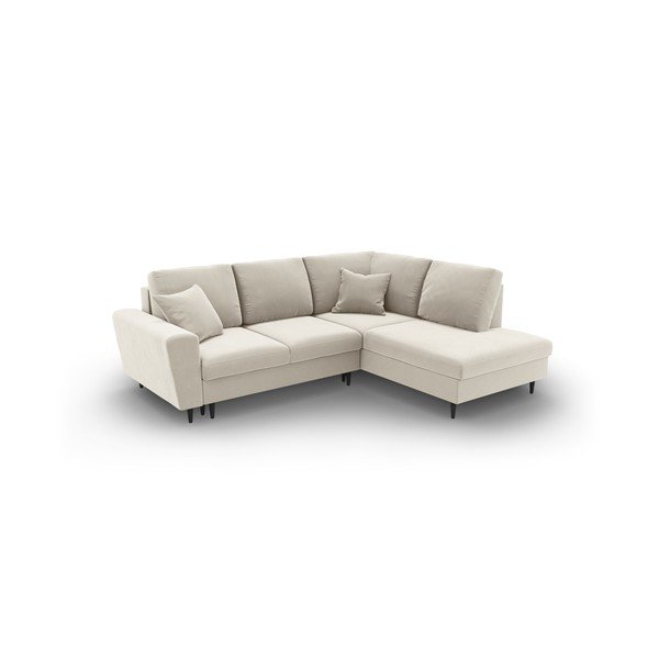 Бежов кадифен разтегателен ъглов диван с място за съхранение (десен ъгъл/L форма) Kyoto – Cosmopolitan Design-image-1