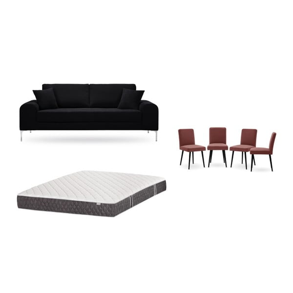 Комплект от триместен черен диван, 4 тухленочервени стола и матрак 160 x 200 cm - Home Essentials