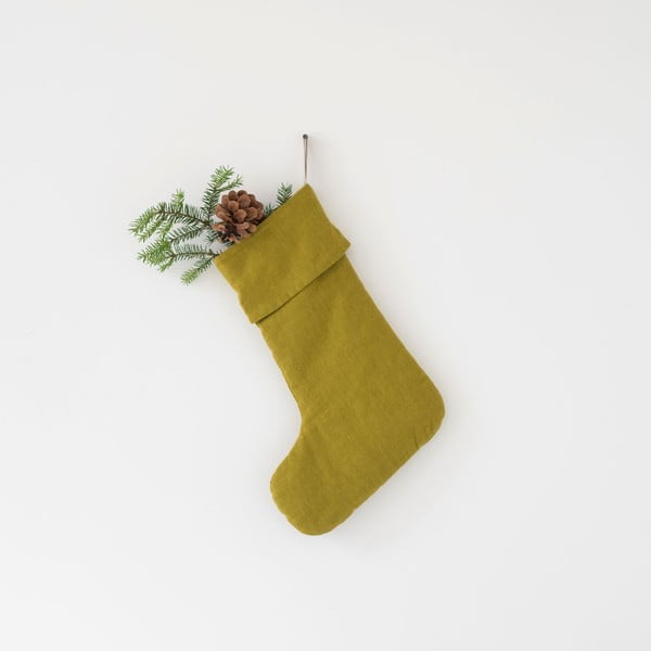 Зелена коледна ленена висяща украса Коледен чорап - Linen Tales