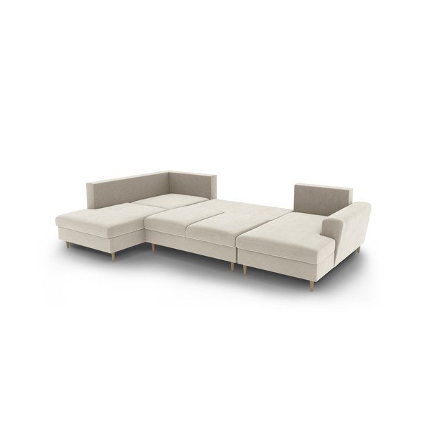 Бежов кадифен разтегателен ъглов диван с място за съхранение (ляв ъгъл/U форма) Kyoto – Cosmopolitan Design-image-3