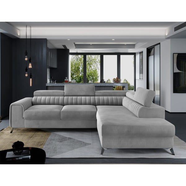 Сив кадифен разтегателен ъглов диван с място за съхранение (десен ъгъл L форма) Laurence – ELTAP-image-1