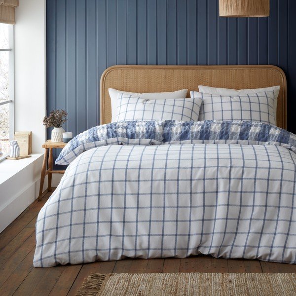 Синьо  двойно  фланелено спално бельо 200x200 cm Gingham Check – Catherine Lansfield-image-1