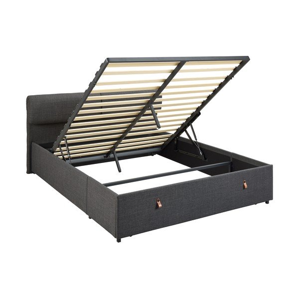 Тъмносиво двойно тапицирано легло с място за съхранение и включена подматрачна рамка 160x200 cm Calvi – Actona-image-3