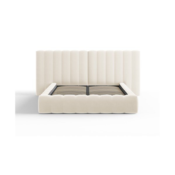 Бежово тапицирано двойно легло с място за съхранение и решетка 160x200 cm Gina - Milo Casa-image-1