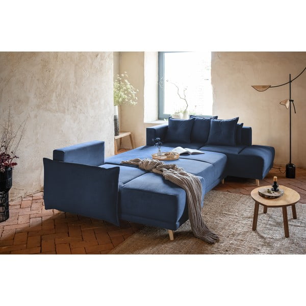 Тъмносин ъглов разтегателен диван от велур (десен ъгъл/U-образна форма) Lazy Lukka - Miuform-image-4