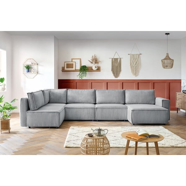 Светлосив велурен U-образен ъглов диван, ляв ъгъл Nihad modular - Bobochic Paris-image-1