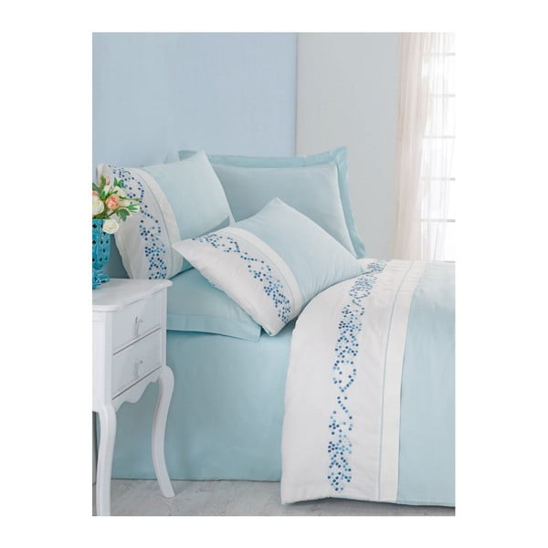 Спално бельо с памучен сатен чаршаф за двойно легло Azul Zulo, 200 x 220 cm - Mijolnir
