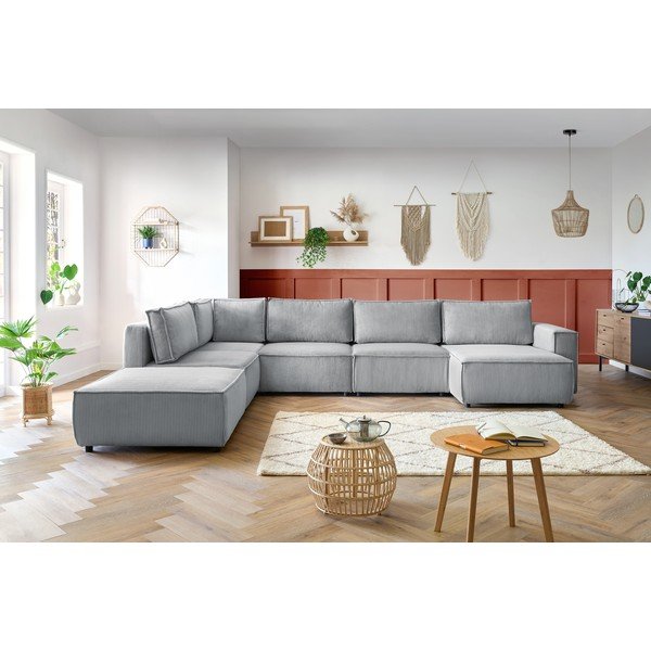 Светлосив велурен U-образен ъглов диван, ляв ъгъл Nihad modular - Bobochic Paris-image-1