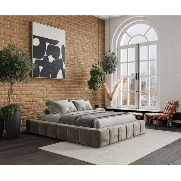 Бежово тапицирано двойно легло с място за съхранение с включена подматрачна рамка 160x200 cm Aruba L – Maison de Rêve-image-1