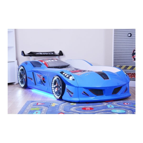 Синьо детско легло във формата на кола с LED светлини Speedy, 90 x 190 cm - Musvenus