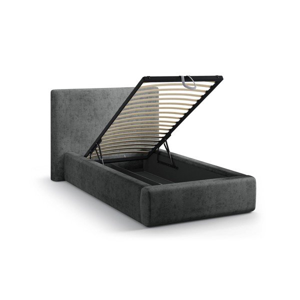Тъмносиво единично легло 90x200 cm тапицирано с място за съхранение с включена подматрачна рамка Amy – Micadoni -image-1