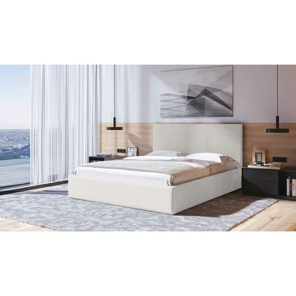 Бежово тапицирано двойно легло с място за съхранение с включена подматрачна рамка 180x200 cm Bufo – MESONICA-image-1