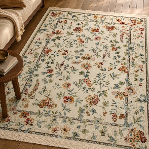 Кремав килим от вискоза 95x140 cm Oriental Flowers – Nouristan-image-1