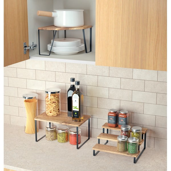 Матово черен и естествен ъглов дървен допълнителен рафт 25x25 cm York – Metaltex-image-3