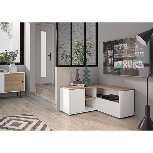 Масичка за телевизор с дъбов декор в бял и естествен цвят 90x45 cm Angle - TemaHome-image-1