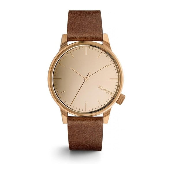 Unisex hnědé hodinky s koženým řemínkem a ciferníkem v barvě růžového zlata Komono Mirror
